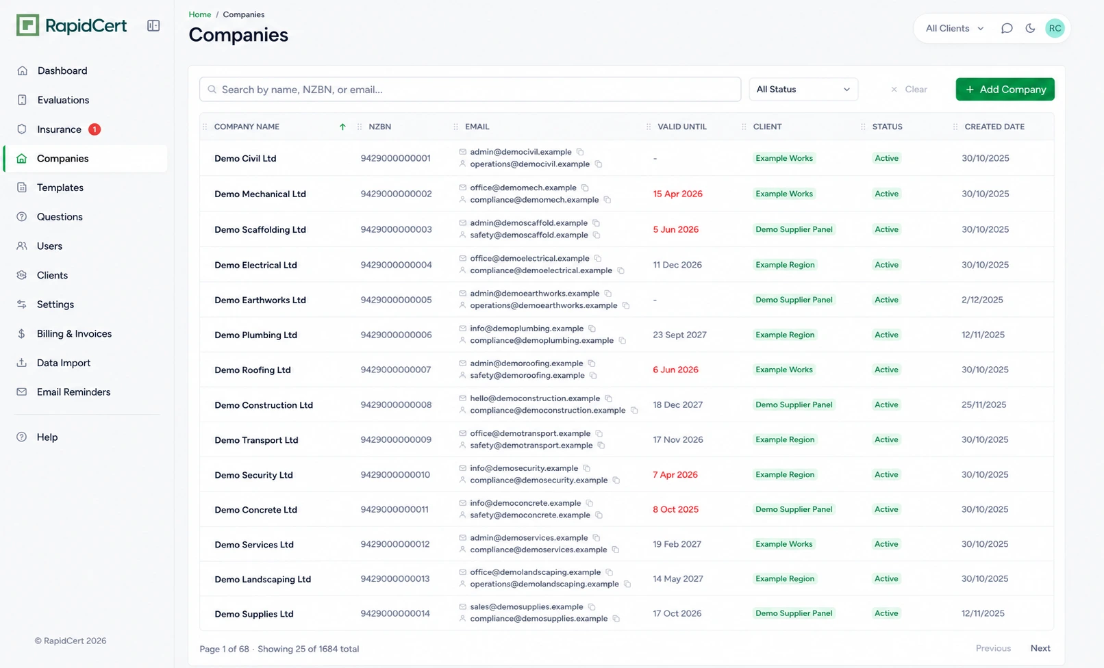 RapidCert approved register with live compliance and expiry status
