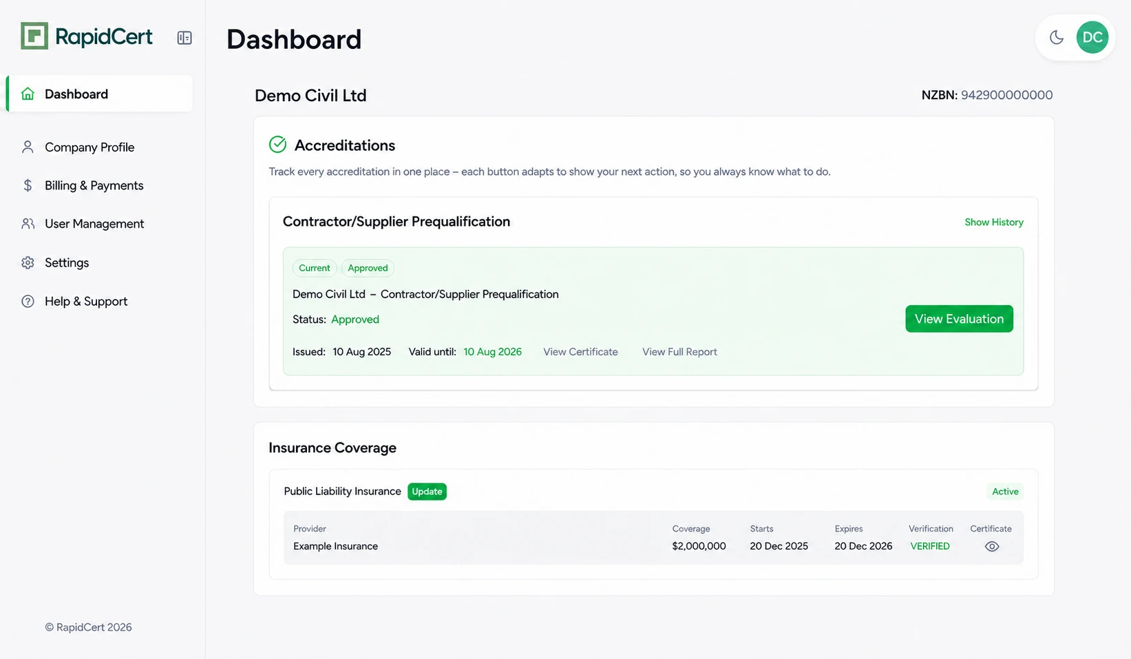 RapidCert contractor dashboard with accreditation and insurance status